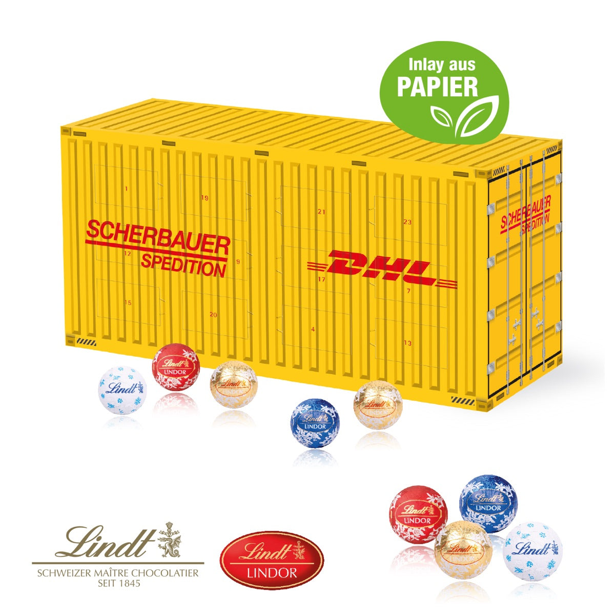 Bedruckter Adventskalender in Form eines Überseecontainers