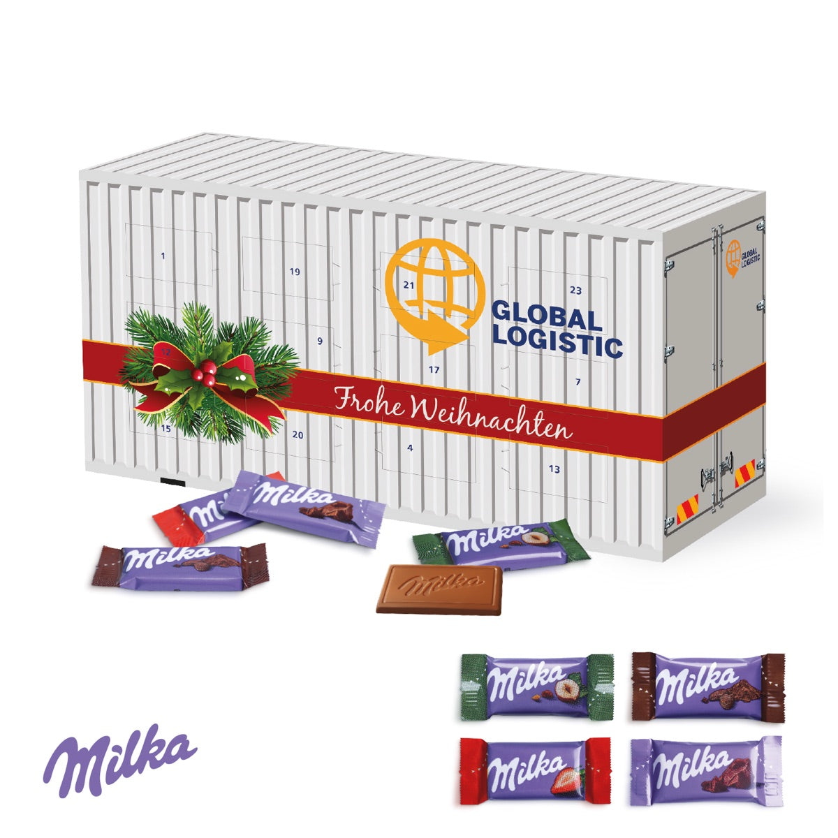 Adventskalender in Containerform, vollflächig mit Firmenmotiv bedruckt