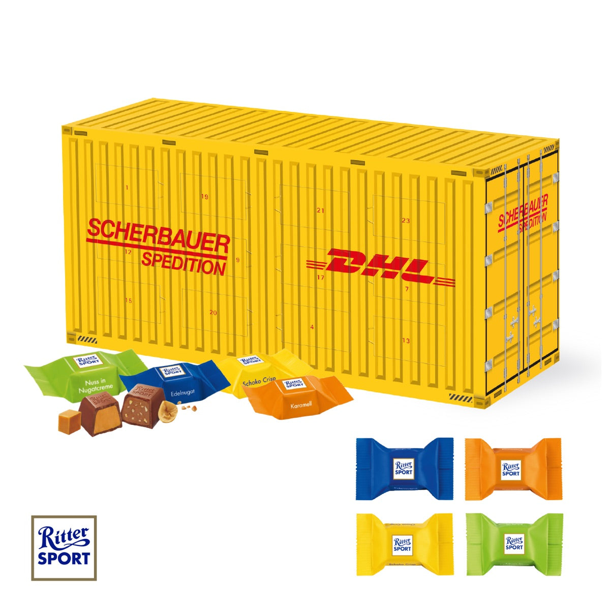 Containerförmiger Adventskalender mit Werbedruck auf allen Seiten