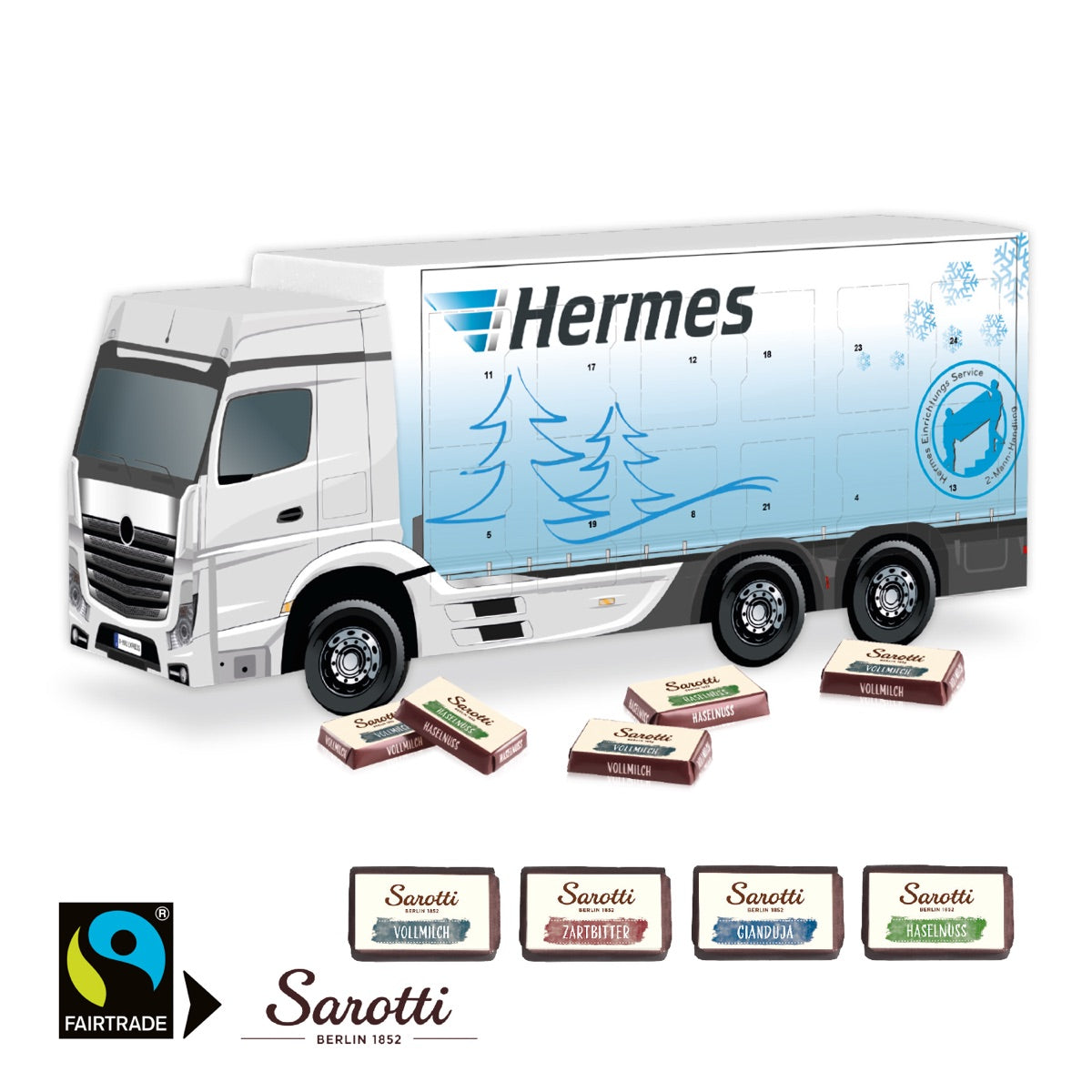 Bedruckter Adventskalender in LKW Form mit Firmenmotiv