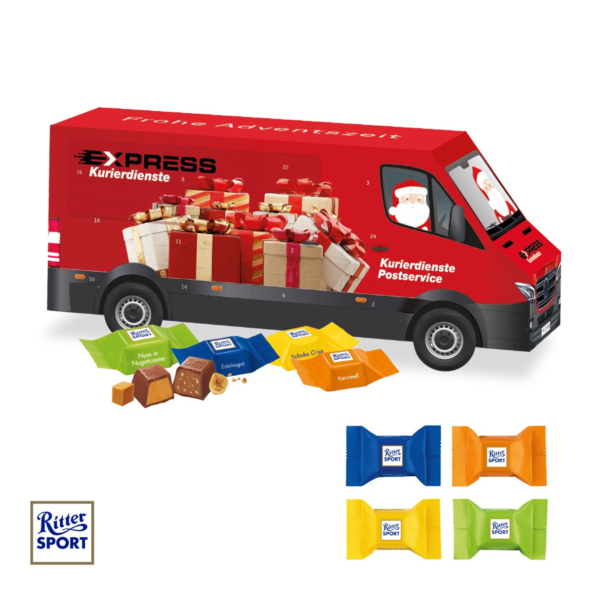 Transporterförmiger Adventskalender mit Werbedruck auf allen Seiten