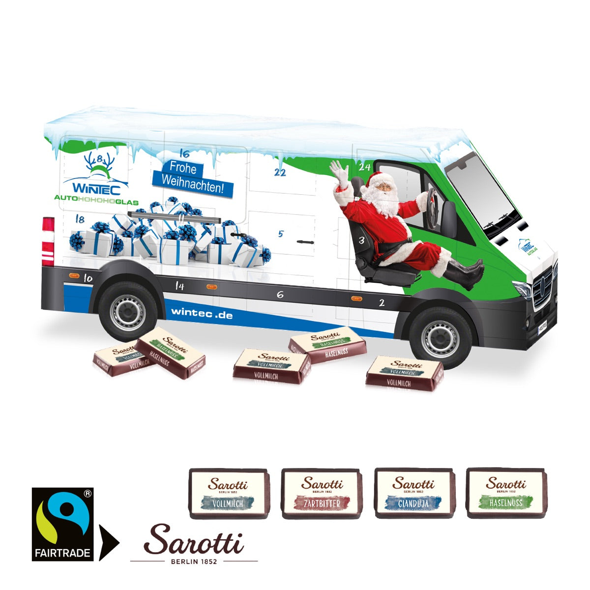 Adventskalender in Transporterform mit Logo und Werbemotiv