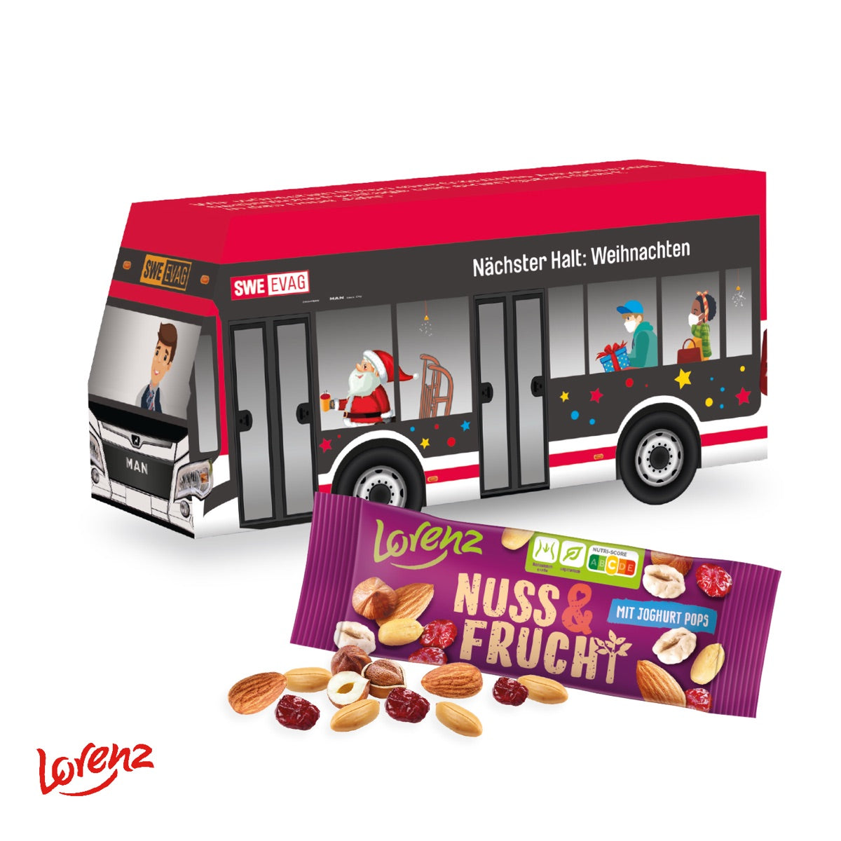 Werbebus aus Karton mit bedruckter Front, Seite und Heckfläche