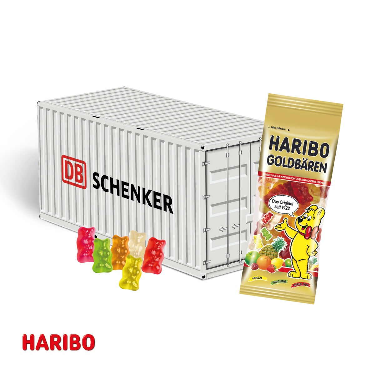 Präsentverpackung in Containerform aus Karton mit umlaufender Werbefläche