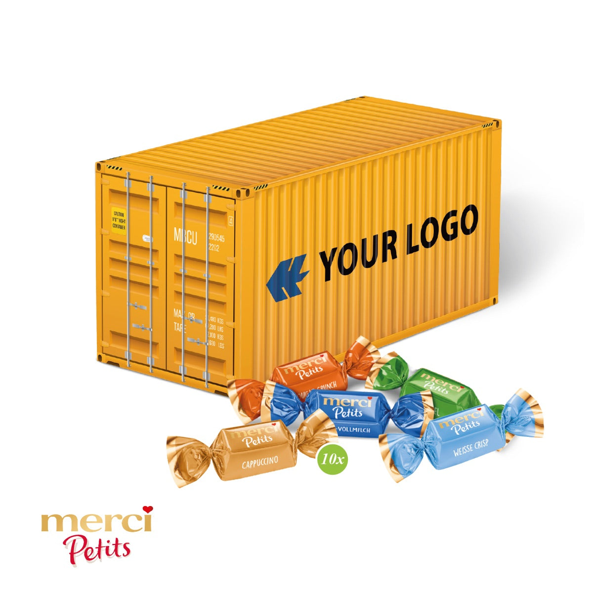 Bedruckte Präsentverpackung in Containerform mit Platz für dein Logo