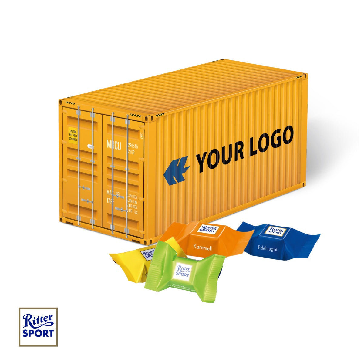 Container aus Karton mit durchlaufendem Werbemotiv und Logo