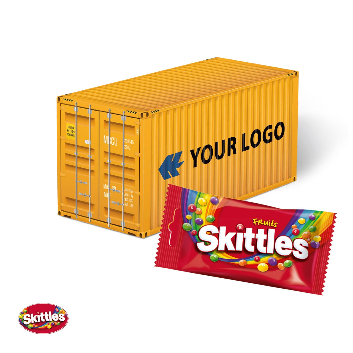 Bunter Werbecontainer aus Karton mit kräftigem Motiv und Logo