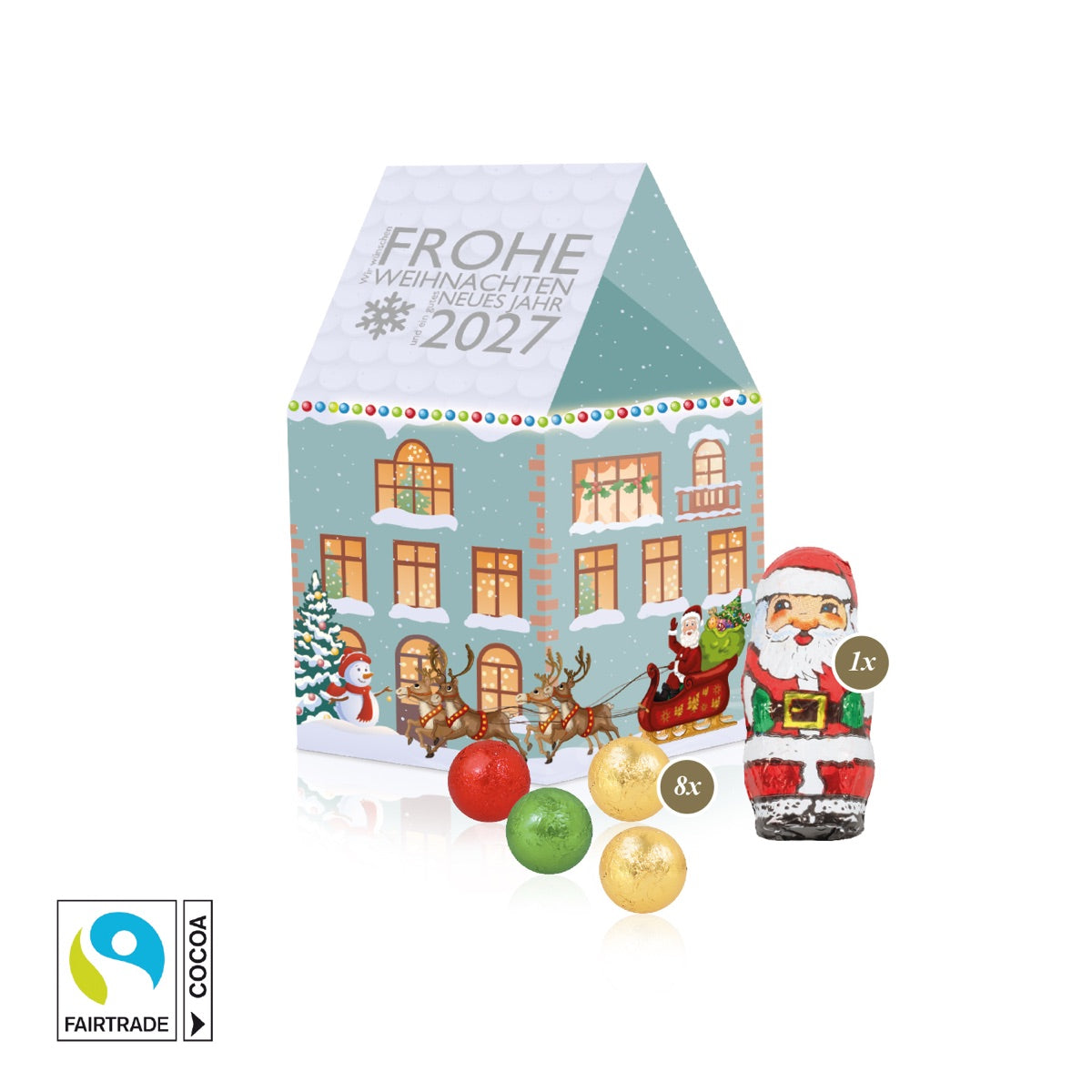Haus aus Karton als Präsentverpackung mit durchgehendem Werbemotiv