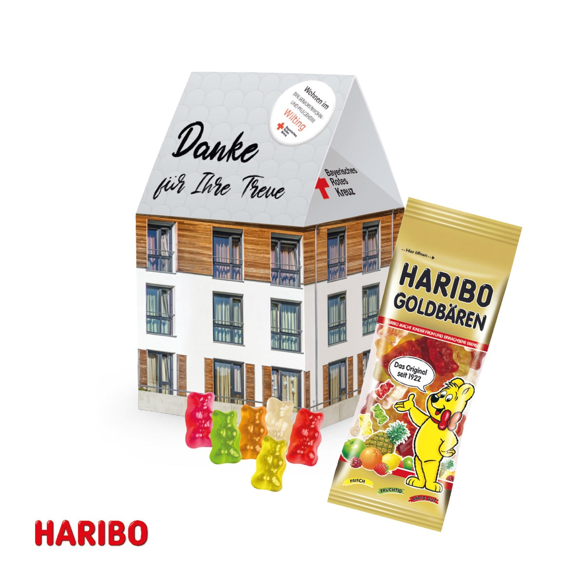 Präsentverpackung in Hausform aus Karton mit bedruckbarer Fassade