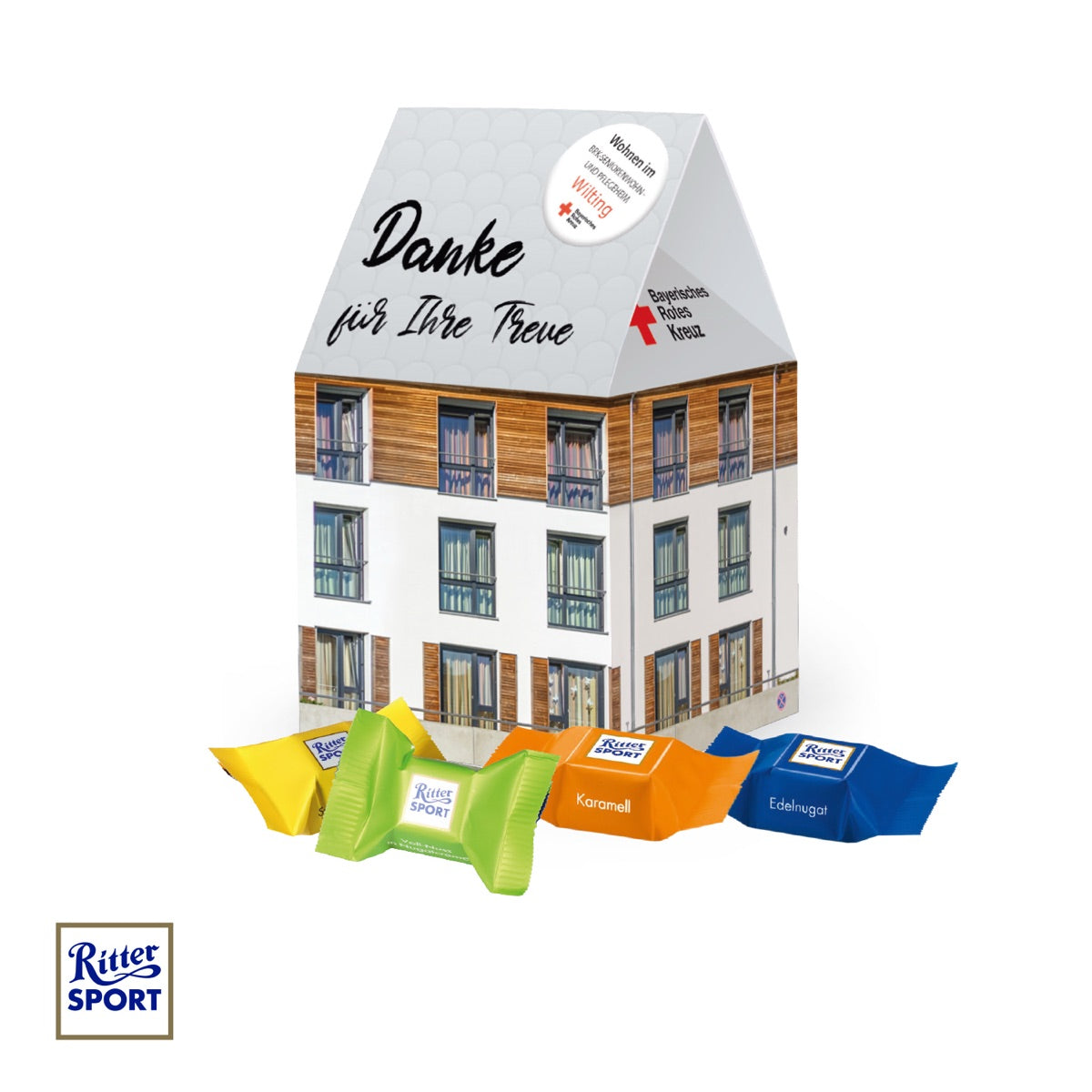 Präsent Haus aus Karton mit bedruckter Fassade und gestaltetem Dach