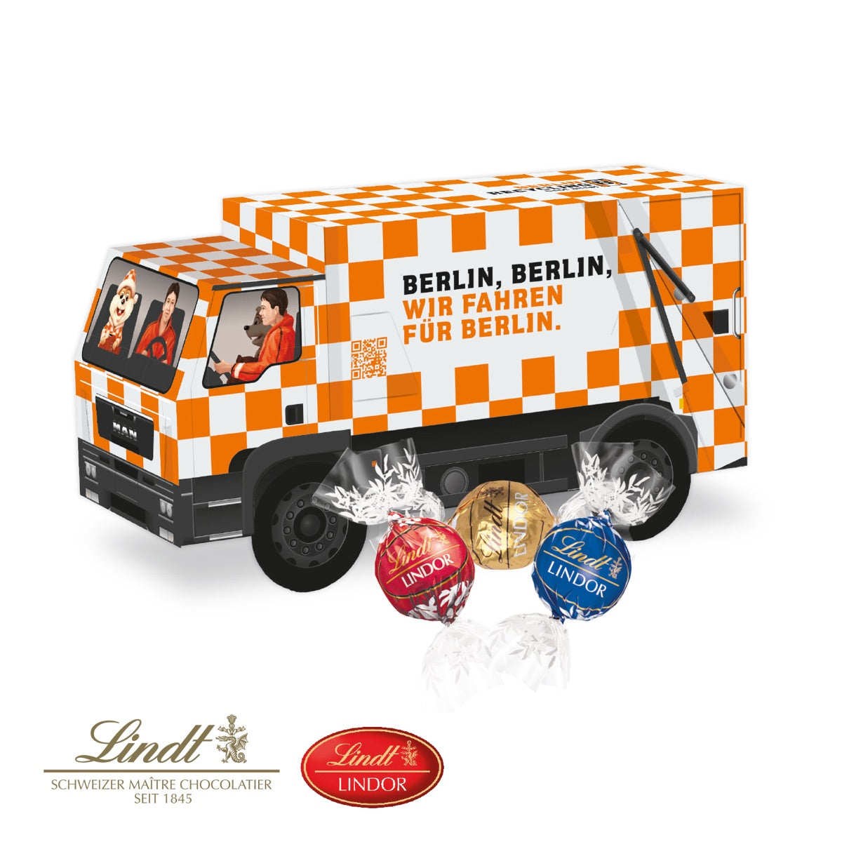 Aufgestellter Werbe LKW aus Karton mit individuell bedruckter Plane