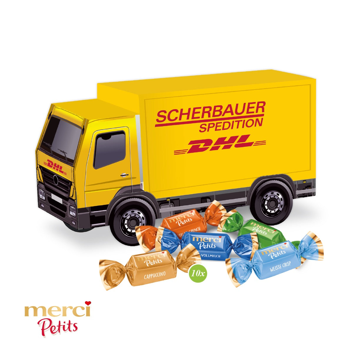 Werbe LKW aus Karton mit vollflächigem Motiv auf Plane und Fahrerhaus
