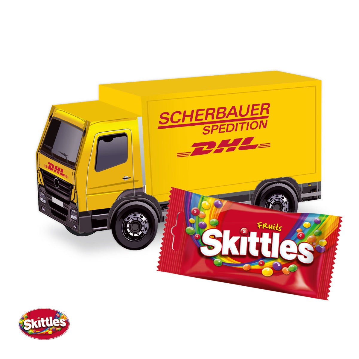 Werbe LKW aus Karton mit farbigem Vierfarbdruck über die ganze Fläche