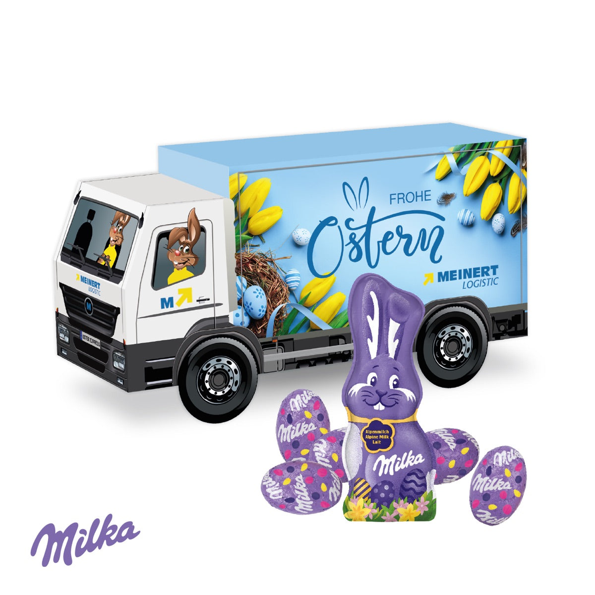 Präsent LKW aus Karton mit Werbemotiv als Osterpräsent