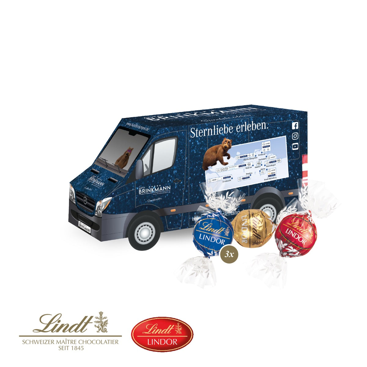 Bedruckter Präsent Transporter aus Karton als Weihnachtsgeschenk mit Logo