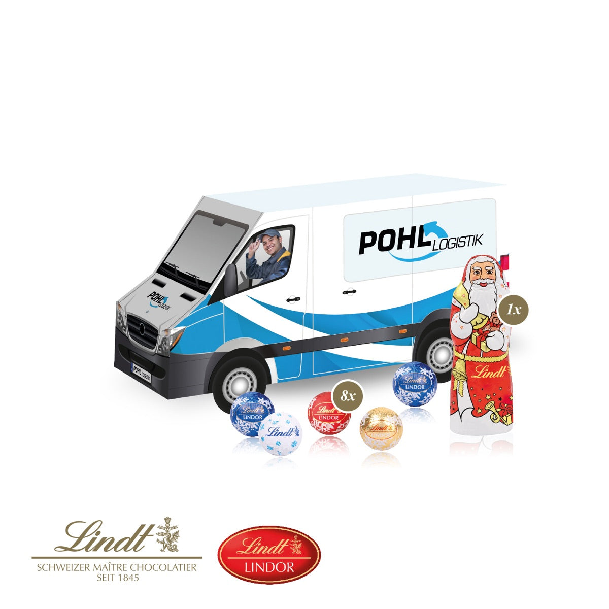 Werbepräsent in Transporterform aus Karton mit Weihnachtsmotiv und Logo