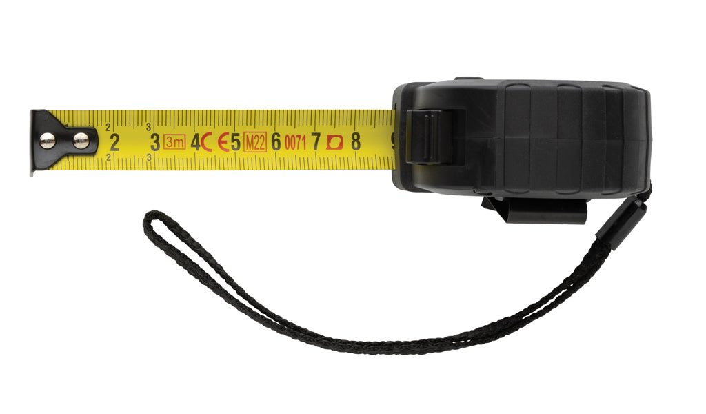 3m/16mm Maßband mit Stop-Taste aus RCS recycelt. Kunststoff – schwarz