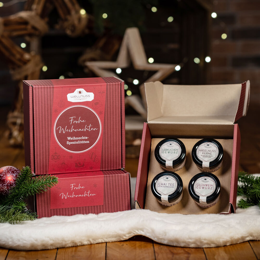 4er Geschenkset an Weihnachtsgewürzen in bedruckbarem Geschenkkarton