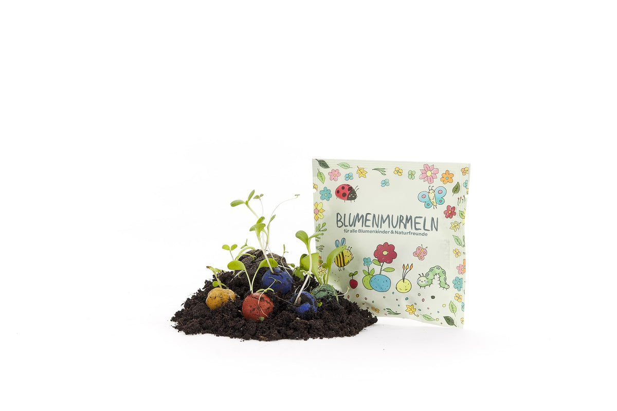 5 Blumenmurmeln im Siegelrandbeutel aus Papier bedruckt – Ansicht