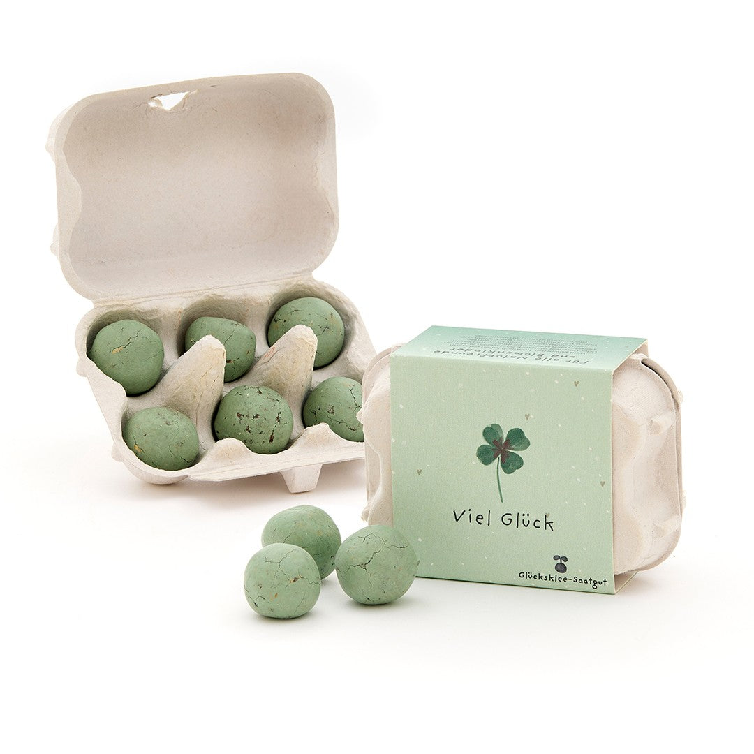6 Blumenmurmeln im Mini Eierkarton mit bedruckter Banderole – Detail