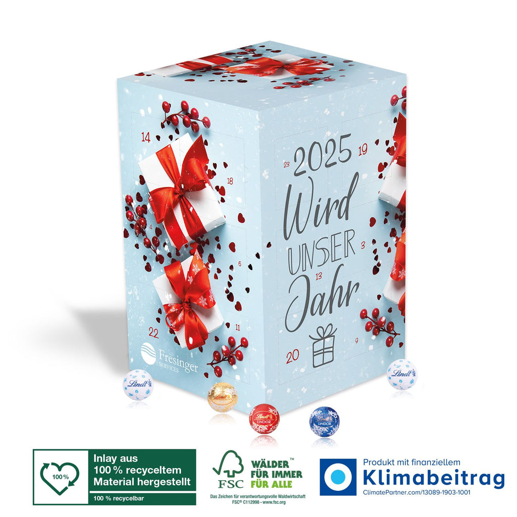 Der Adventskalender Cube „XL“ in Würfelform, gefüllt mit 24 zartschmelzenden Lindt „Minis“ in verschiedenen Geschmacksrichtungen für täglichen Genuss während der Vorweihnachtszeit.