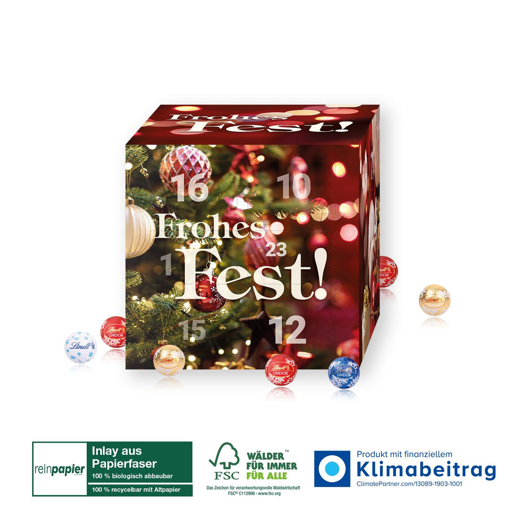 Der Adventskalender Lindt „Cube“ Organic enthält 24 köstliche Lindt „Minis“ in vier exklusiven Geschmacksrichtungen, insgesamt ca. 110 g.