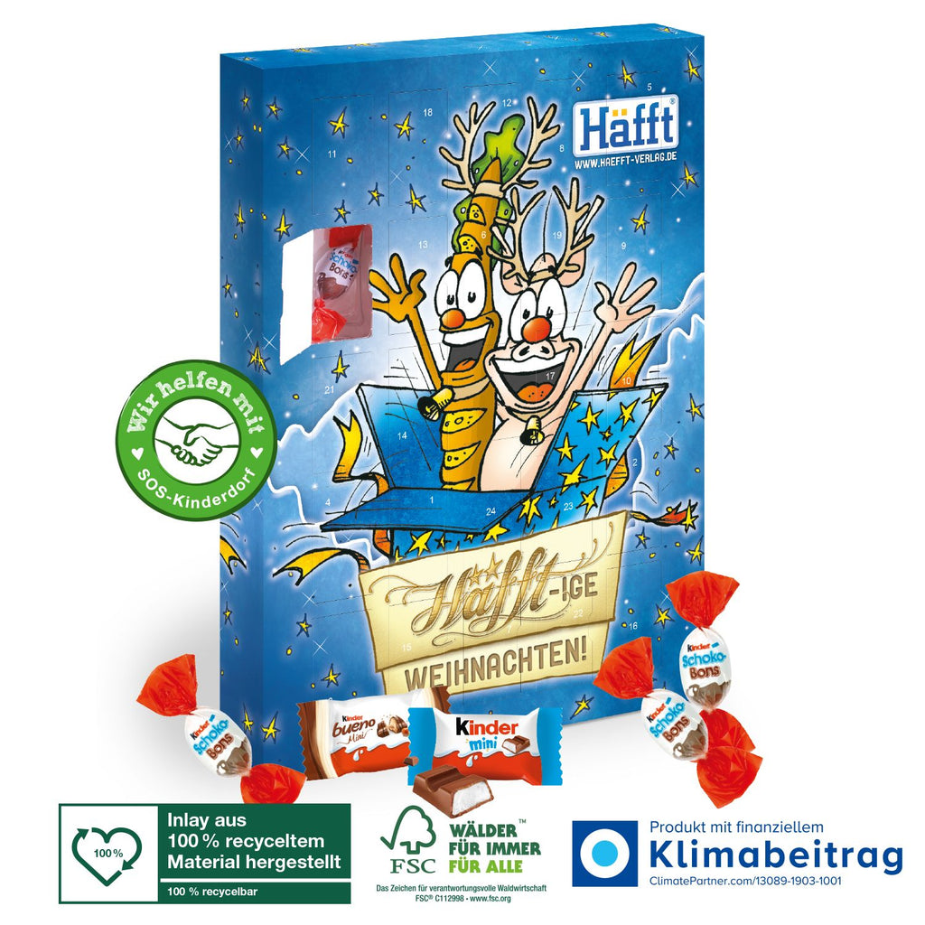 Der Adventskalender kinder® „Happy Moments“ bietet 24 Stück (ca. 130 g) einer bunten Mischung aus kinder Schoko-Bons, kinder Schokolade Mini und kinder Bueno Mini für süße Überraschungen in der Vorweihnachtszeit.