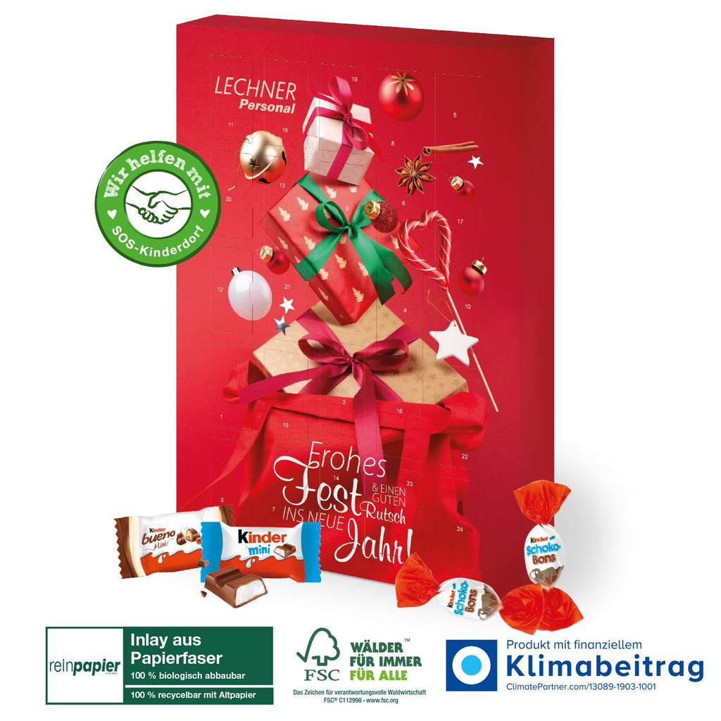 Der Adventskalender kinder® „Happy Moments“ ist gefüllt mit 24 Stück (ca. 130 g) einer bunten Schokoladenmischung aus kinder Schoko-Bons, kinder Schokolade Mini und kinder Bueno Mini, ideal für weihnachtliche Freude