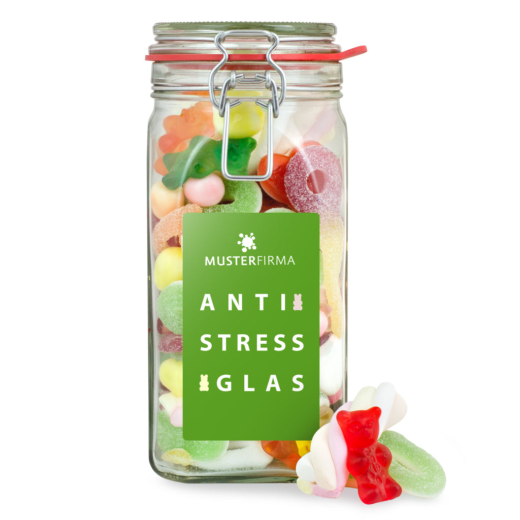 Buegelglas mit Anti Stress Süßigkeiten bedrucken als Werbegeschenk