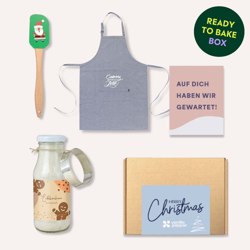 Ready to bake Geschenkbox mit Keks-Backmischung, Teigschaber und Küchenschürze individuell gestalten für dein Unternehmen.