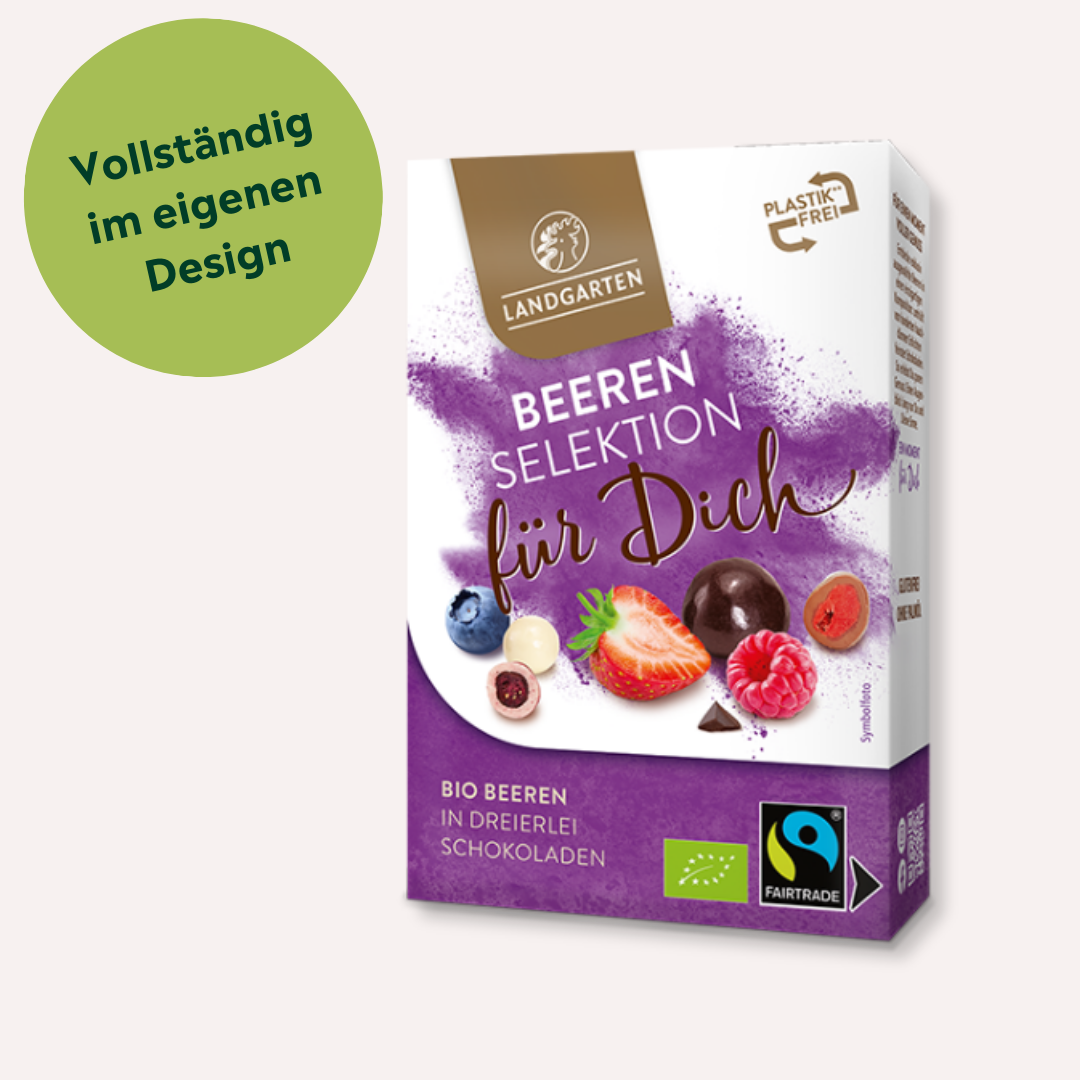 Beerenselektion in dreierlei Schokolade individuell bedrucken lassen als Werbegeschenk