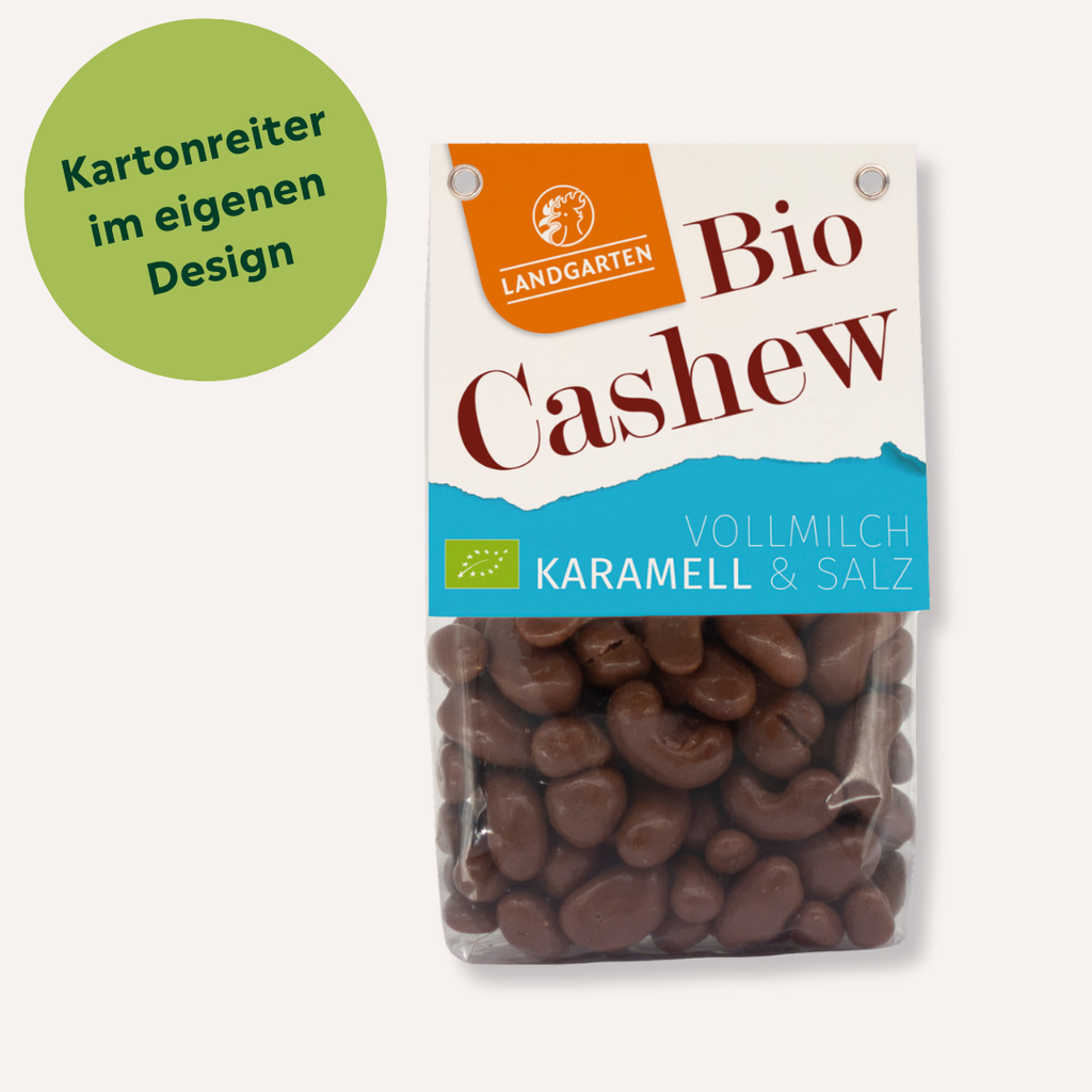 Bio Cashews in Vollmilchschokolade mit Karamell mit individuellem Kartonreiter bedrucken