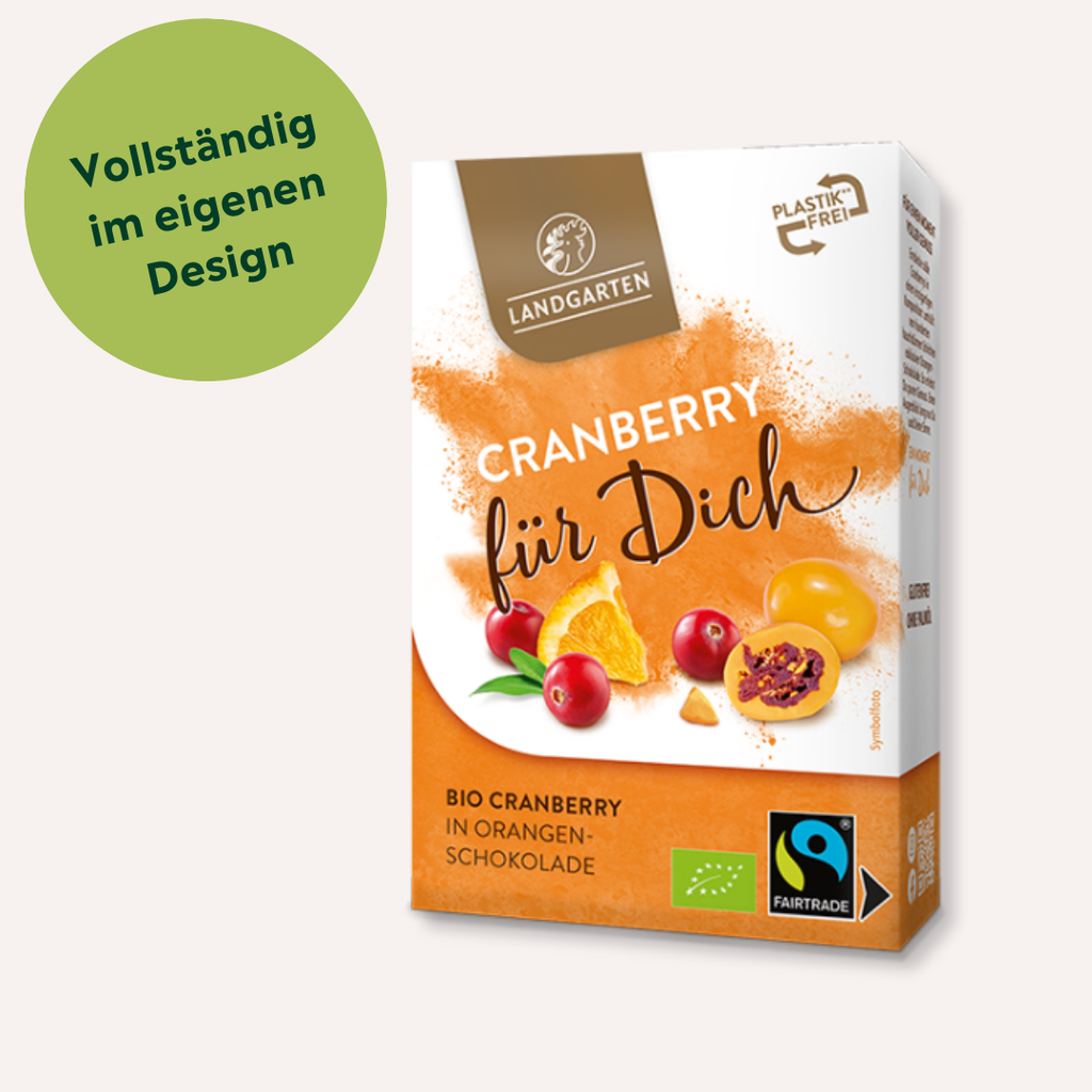 Bio Cranberry in Orangenschokolade individuell bedrucken lassen als Werbegeschenk