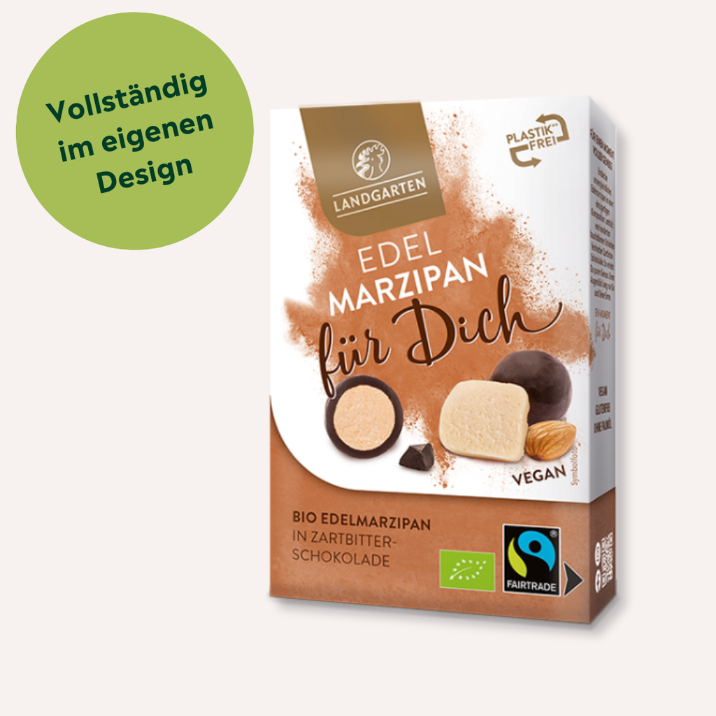 Bio Edelmarzipan in Zartbitterschokolade individuell bedrucken lassen als Werbegeschenk