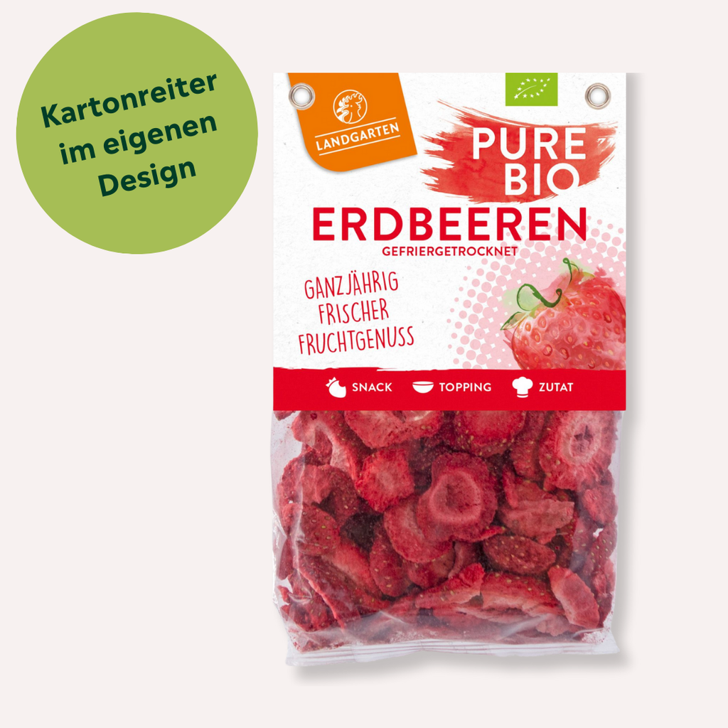 Gefriergetrocknete Bio Erdbeeren mit individuellem Kartonreiter bedrucken