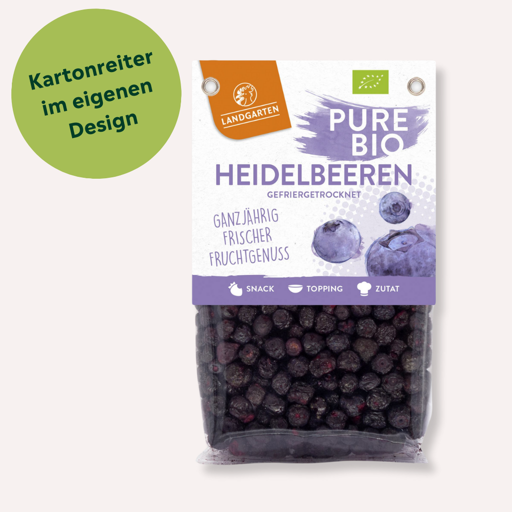 Gefriergetrocknete Bio Heidelbeeren mit individuellem Kartonreiter bedrucken