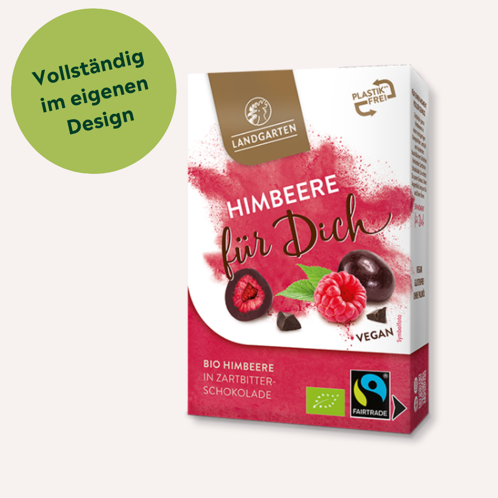  Bio Himbeeren in Zartbitterschokolade individuell bedrucken lassen als Werbegeschenk