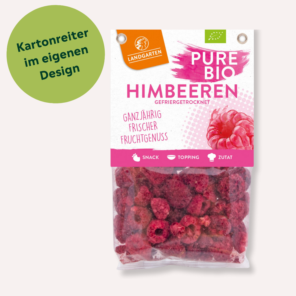 Gefriergetrocknete Bio Himbeeren mit individuellem Kartonreiter bedrucken