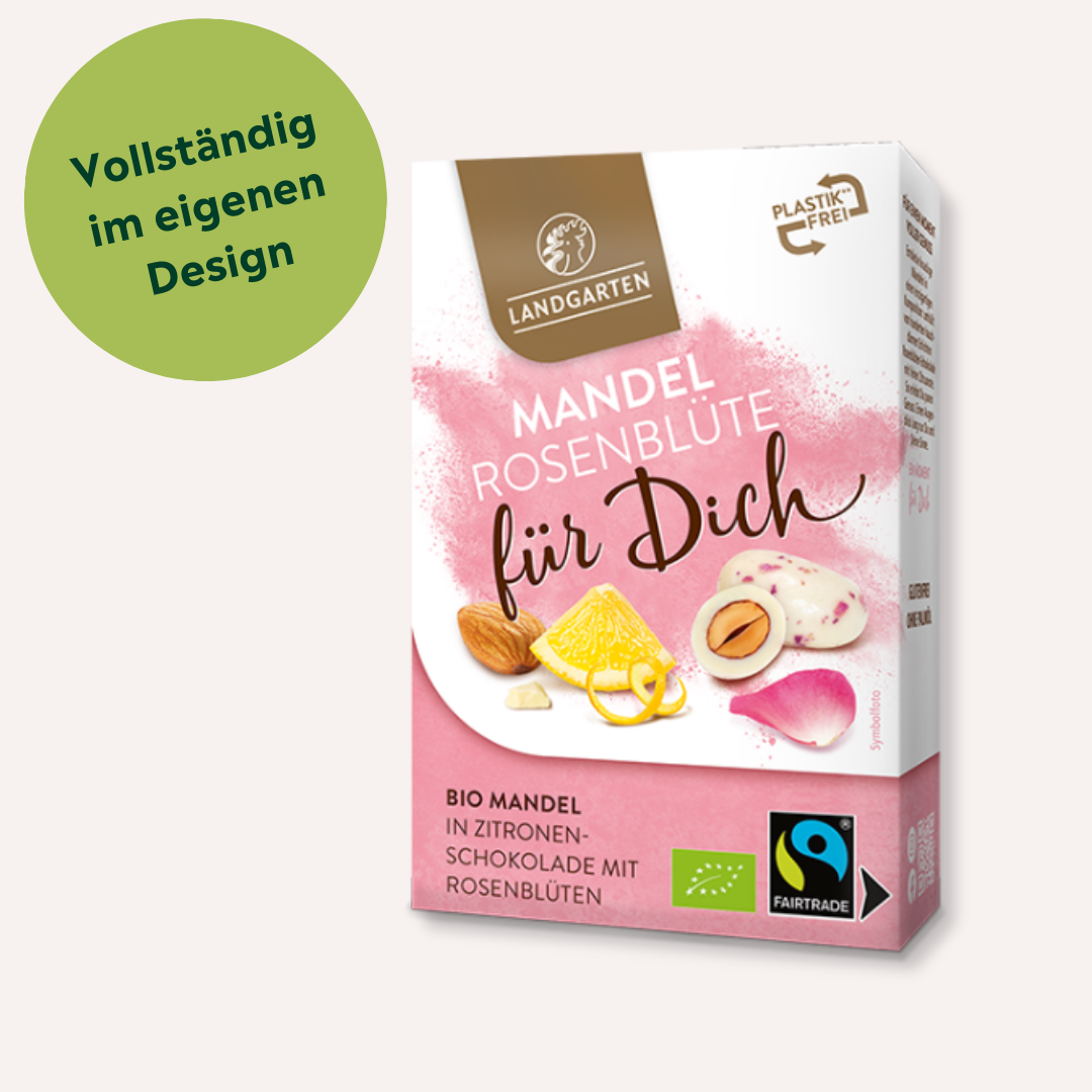 Mandel in Zitronenschokolade mit Rosenblüten individuell bedrucken lassen als Werbegeschenk
