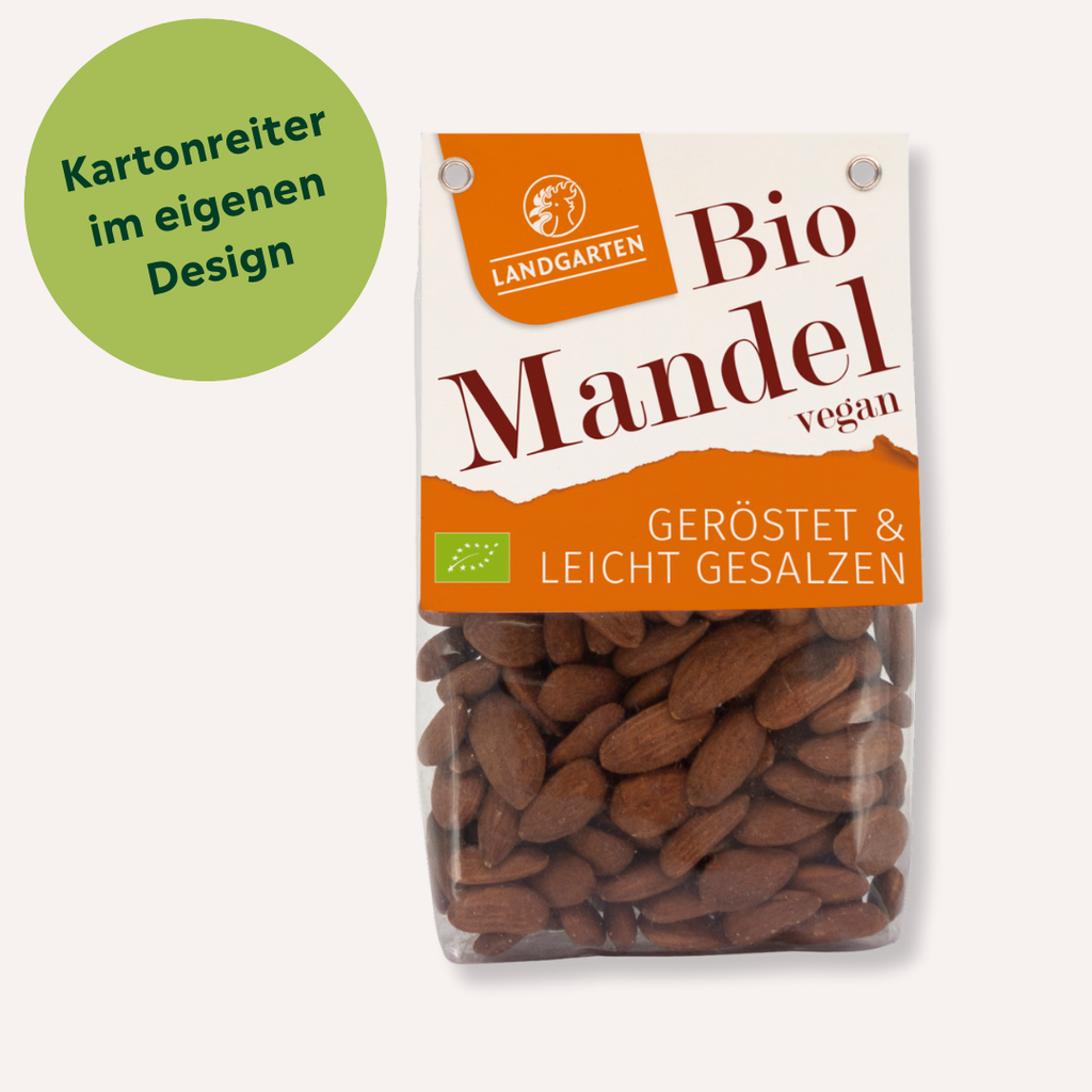 Bio Mandeln geröstet und gesalzen mit individuellem Kartonreiter bedrucken