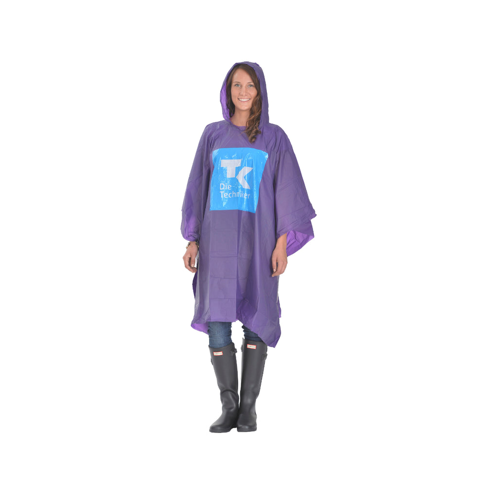 Regenponcho bedrucken: Logo und Claim mehrfarbig auf der Front