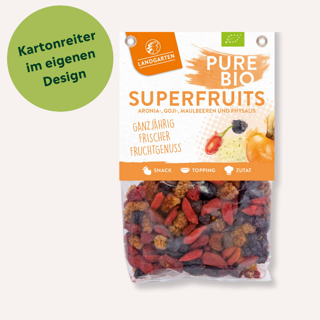 Getrocknete Bio Superfruits mit individuellem Kartonreiter bedrucken