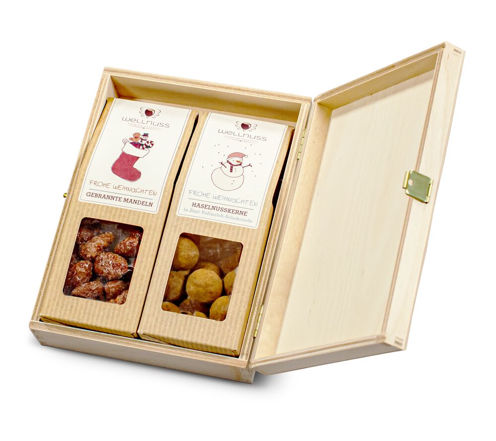 Nuss Snacks im Holzbox als Werbegeschenk zu Weihnachten!  VANILLA & PEPPER