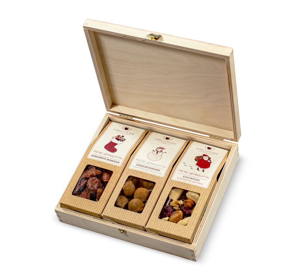 Nuss Snacks im Holzbox als Werbegeschenk zu Weihnachten! – VANILLA & PEPPER