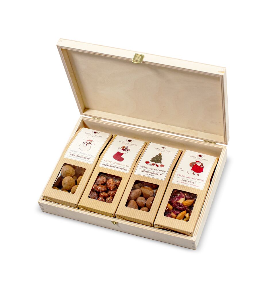 nüsse aufbewahren box Nuss Snacks im Holzbox als Werbegeschenk zu Weihnachten! – VANILLA & PEPPER