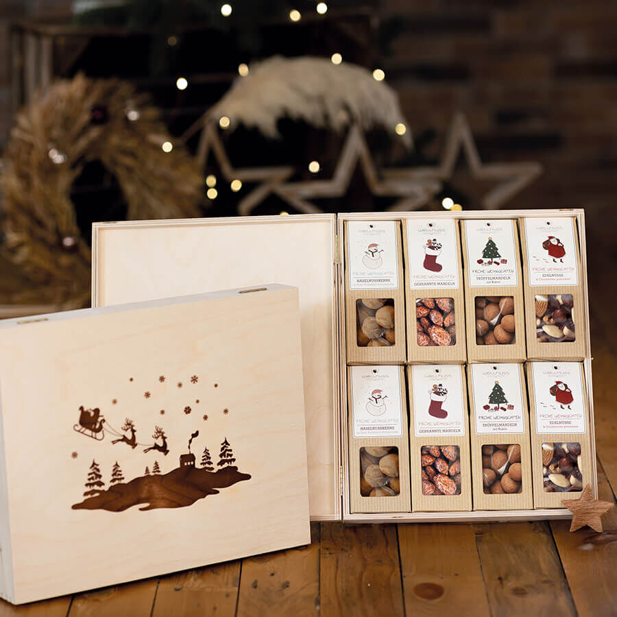 nüsse aufbewahren box Nuss Snacks im Holzbox als Werbegeschenk zu Weihnachten! – VANILLA & PEPPER