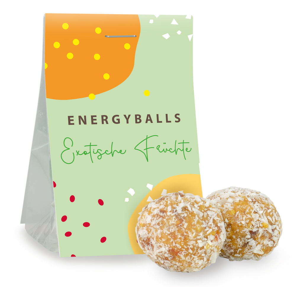 Energyballs in biologisch abbaubarer Folie verpackt