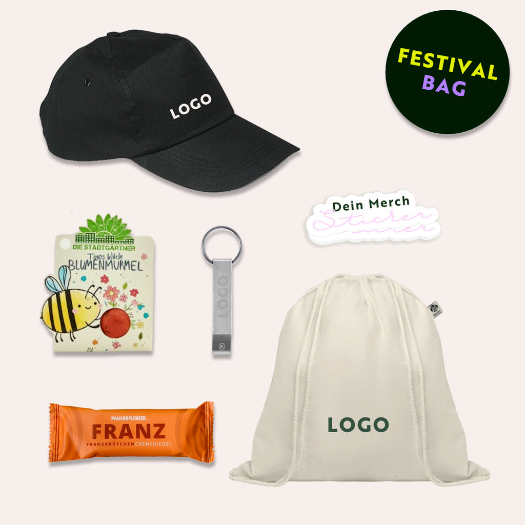 Die Festival Bag für dein Unternehmen bedrucken mit Snack, Cap, Turnbeutel, Flaschenöffner und Blumenmurmel