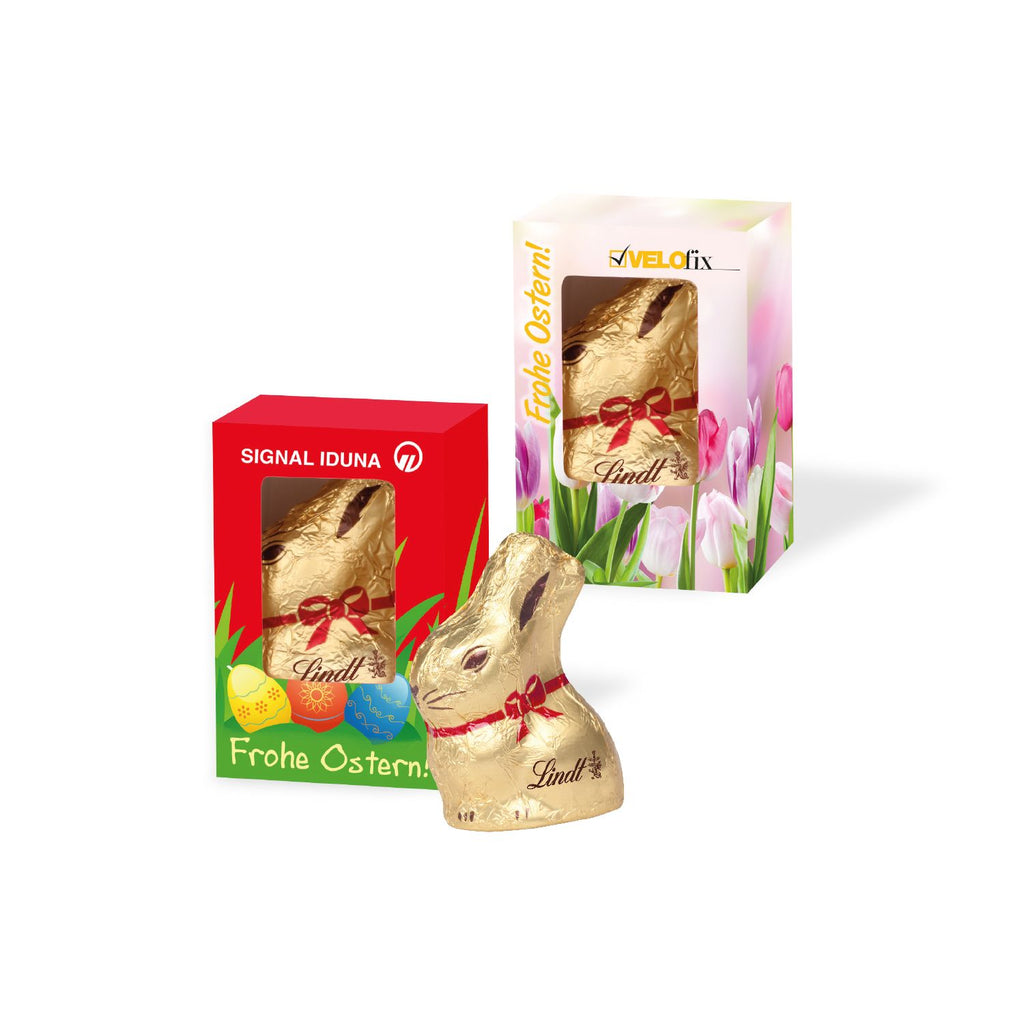 Goldhase von Lindt in nachhaltiger Werbekartonage als Geschenk zu Ostern verschenken.