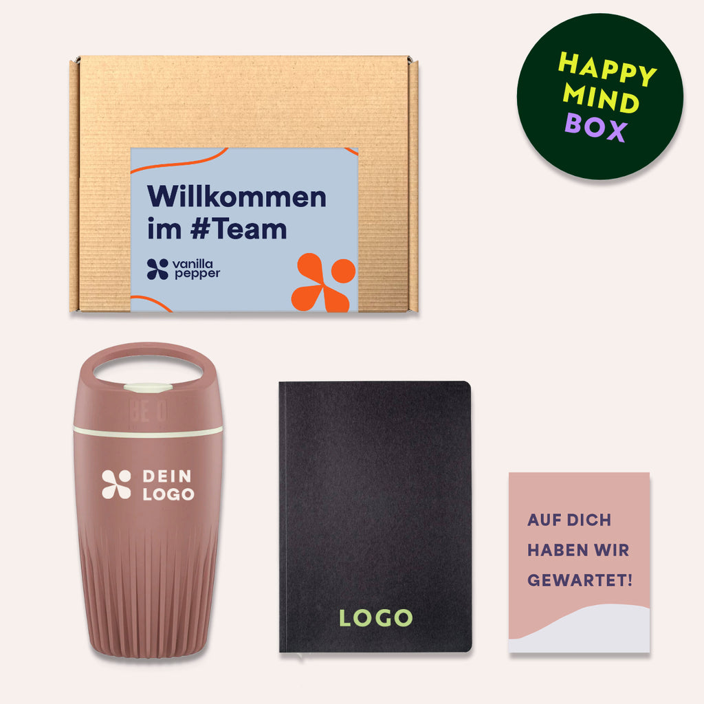 Geschenkbox mit Notizbuch und Becher aus nachhaltigen Materialien individuell bedrucken